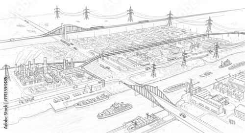 Aerial sketch of a city landscape with bridges and power lines.