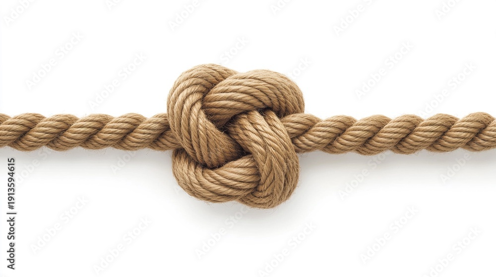 Obraz premium overhand. Single overhand knot made of thick jute rope on white background. lifestyle magazines, social media lookbooks, designed for lifestyle magazines and social media content.
