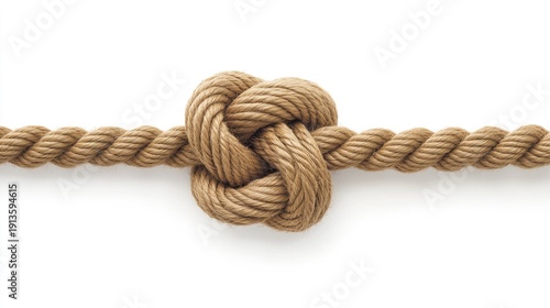 overhand. Single overhand knot made of thick jute rope on white background. lifestyle magazines, social media lookbooks, designed for lifestyle magazines and social media content.