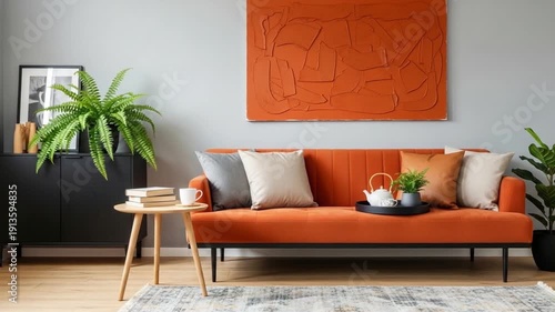 Modern living room interior with orange leather sofa, gray and beige pillows, wooden coffee table, green monstera plant, abstract terracotta wall art, soft daylight