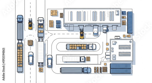 Aerial view of a logistics distribution center with trucks and containers.