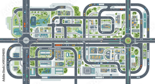 Aerial view of a complex urban road network and city infrastructure.