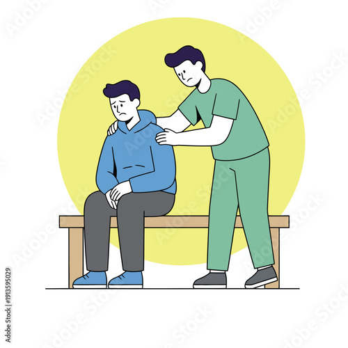 Mental health awareness and male friendship support. Someone offering a shoulder to lean on during tough times. Great for therapy, suicide prevention, and community support.