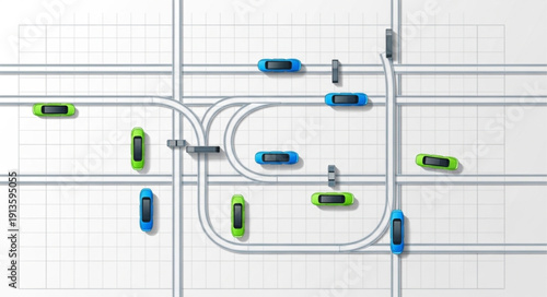Aerial view of autonomous vehicles navigating a complex road network.