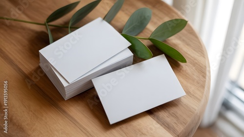 Blank white business cards on wooden table with green leaves