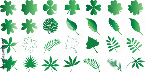Collection of green leaf and clover silhouettes on a white background