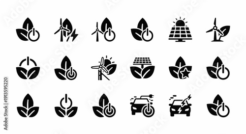 Set of Icons Representing Renewable Energy, Green Technology and Sustainable Power Solutions