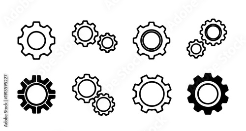Set of eight black and white gear icons representing industry and engineering concepts