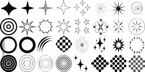 Collection of diverse black and white starburst and circular graphic elements