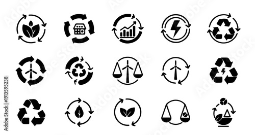 Set of 15 Icons representing sustainability, recycling, and energy concepts