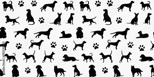 Seamless pattern of black silhouettes depicting various dog breeds and cats