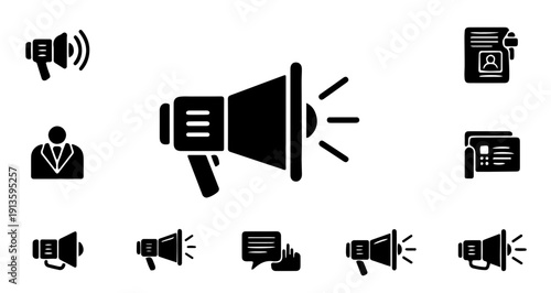 Collection of diverse communication and business icons including megaphone, document and person silhouette