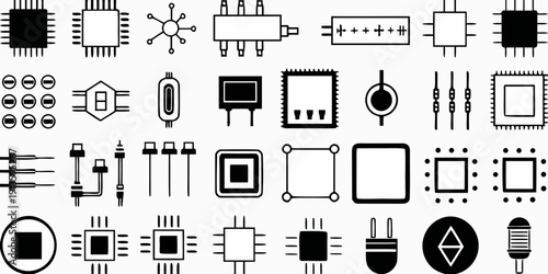 Collection of various electronic components and circuit symbols in black and white