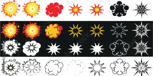 A collection of colorful explosion and starburst vector graphics