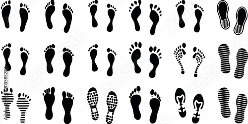 A collection of different footprints and shoe sole patterns in black