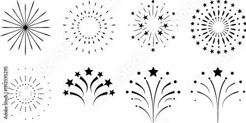 Stylized black and white illustration of various firework shapes and bursts