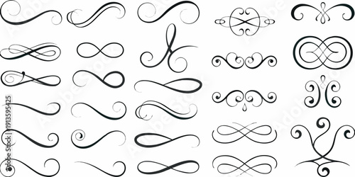 Collection of elegant black swirls and decorative flourishes on white