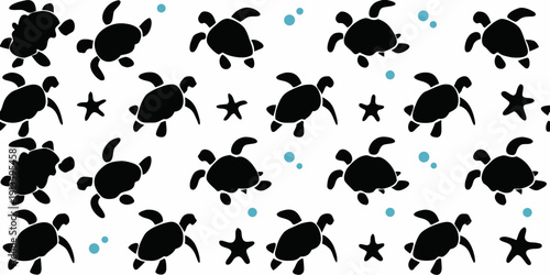 A repeating pattern of black turtles stars and teal dots on white