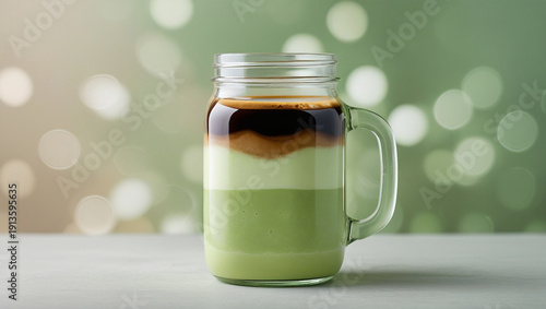 Avocado coffee beverage with green smoothie base and dark coffee layer on clean neutral background.