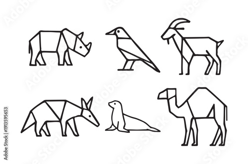 Geometric animal illustrations depict a rhinoceros bird goat camel armadillo seal and antelope high quality