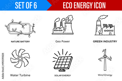 Minimalist Line Art Eco Energy Icons Set Positive and Informative Illustrations for Sustainable Technology and Green Industry