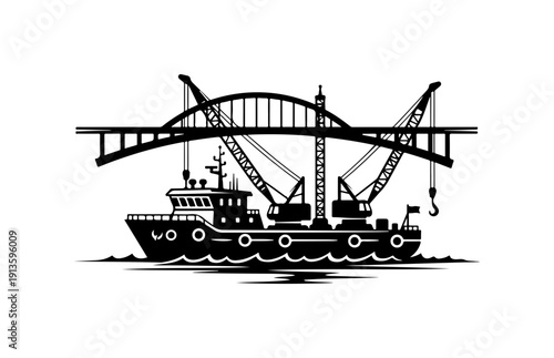 Heavy Cargo Ship Passing Under Bridge with Cranes