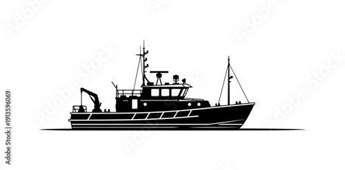Black and White Vector Illustration of a Fishing Vessel