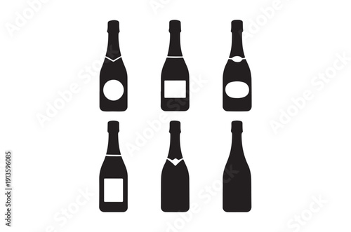 A minimalist arrangement of six black silhouette champagne bottles some with geometric cutouts high quality