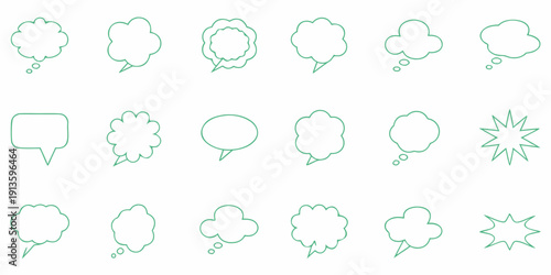 Collection of various green outlined speech bubbles and thought balloons