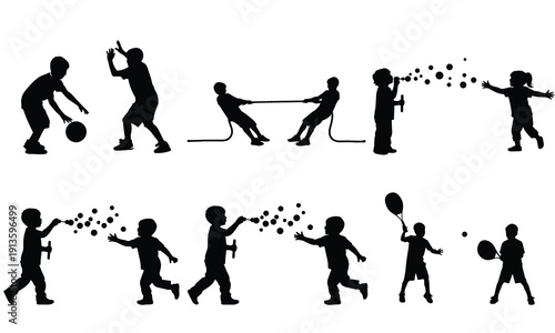 Children's silhouettes engaged in various games and activities, showing fun and energetic play.