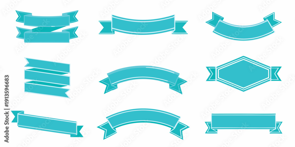 Fototapeta premium Collection of teal ribbons and banners in various shapes and styles