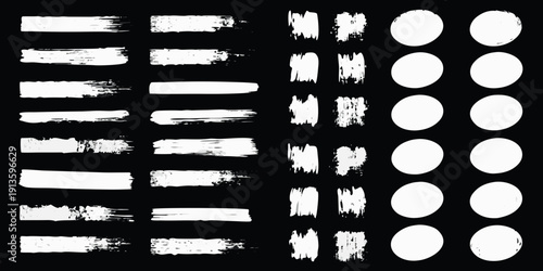 Abstract white brush strokes and circular shapes on a black background