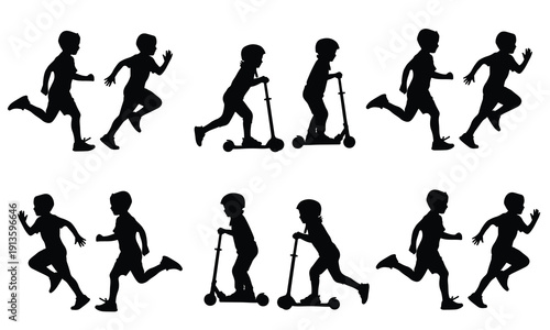 Energetic silhouettes of children running and riding kick scooters, isolated on a white background, depicting active play and childhood joy.