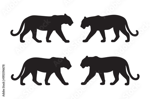 Four black silhouettes of stalking jaguars are displayed in a symmetrical repeating pattern high quality