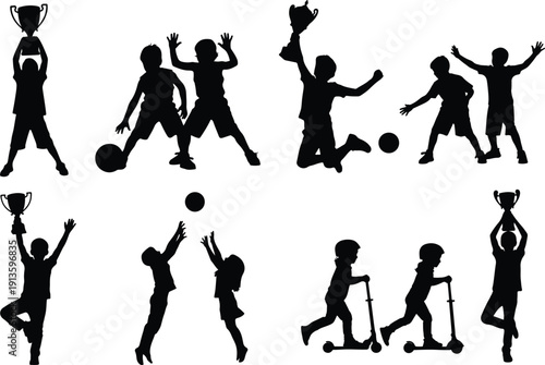 Collection of active children silhouettes playing outdoors, celebrating victories, engaging in ball games, and scootering.