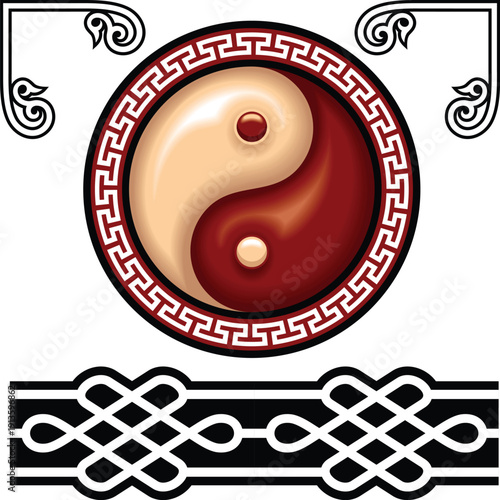 Yin Yang symbol with red silk texture and endless knot border
