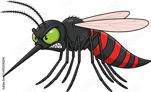 Angry mosquito cartoon character with red and black stripes and green eyes isolated on white background for pest control and virus prevention designs