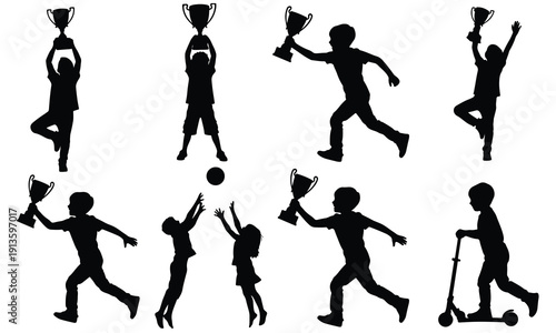 Silhouettes of children running, playing basketball, holding trophies, and on a scooter.