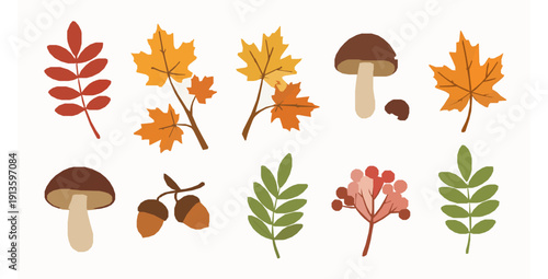 Autumn floral stickers hand drawn flat vector illustration set