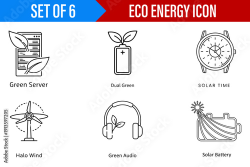 A minimalist and informative collection of six eco energy icons illustrating sustainable technology renewable resources and clean power concepts