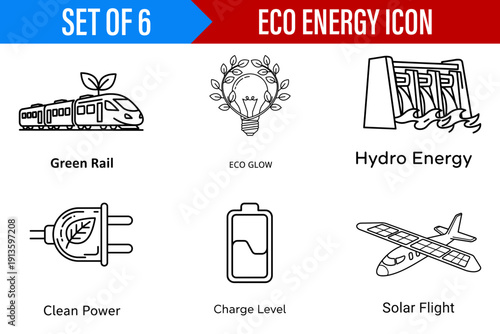 A minimalist line art illustration set of six eco energy icons showing clean power and green technology. This informative and clean design represents sustainability and renewable resources.