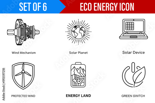 A set of six clean line art icons representing sustainable eco energy concepts designed to be informative and modern for various digital applications