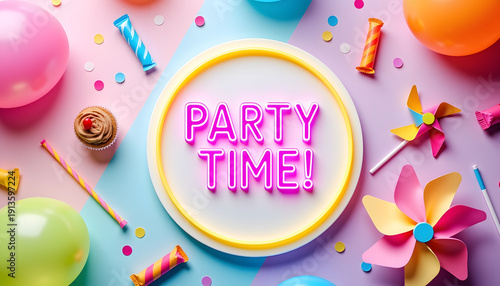 Party Time colorful typography with balloons cupcakes candies on pink background
