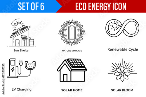 An informative collection of minimalist line art icons for eco energy and sustainability projects, perfect for modern digital presentations and environmental concepts.