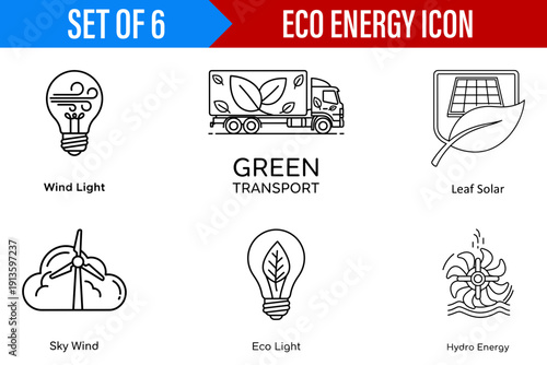 A Versatile Collection of Six Eco Energy Icons Presented in a Clean Line Art Style for Informational Purposes