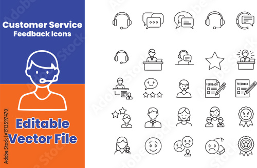 Customer Service Feedback Line Icons – Support Outline Vector Set