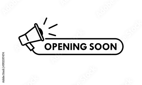 Minimalist megaphone announcement logo with opening soon text. Professional vector banner for store launches, business marketing promotions, and grand opening alerts.