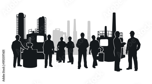 A professional business team including a man and woman silhouette stands as a group of workers in suits holding briefcases against a black vector city background