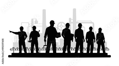 Vector illustration of a professional business team and crowd silhouettes featuring a group of men and women in suits standing together for a successful office meeting
