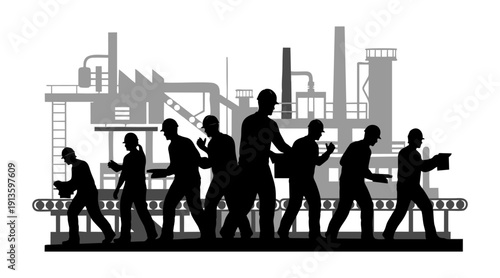 A diverse group of business people, including men and women, walk as black silhouettes through the city in this professional vector illustration design